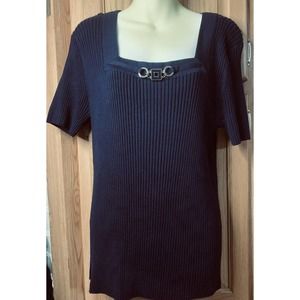 R Q T Womens Plus Size XL Navy Blue Ribbed Sweater Pullover Top Short Sleeve NWT